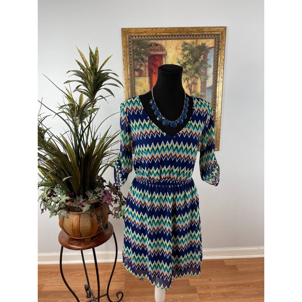 Rue 21 A-Line Dress Women Small Multi Chevron Print Gathered Waist Boho Eclectic